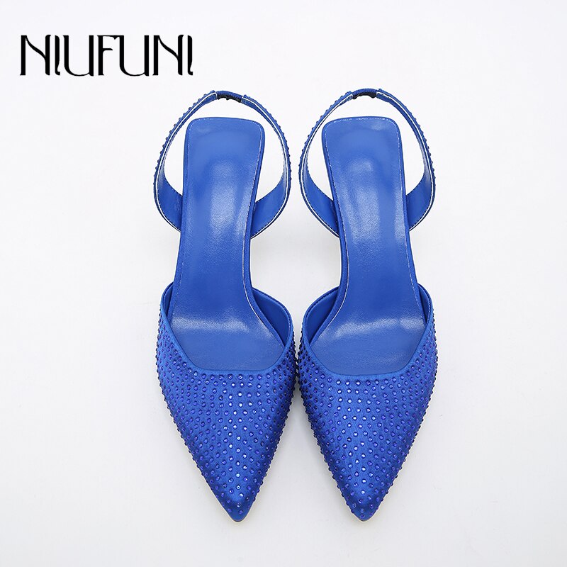 NIUFUNI Silk Rhinestone Elastic Band Women Shoes Thin High Heels Sandals Pointed Toe Slingback Slip On Mules Dress Pump Stiletto