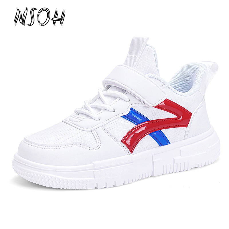 NSOH Kids Casual Shoes Spring Autumn Leather Waterproof White Shoes Boys Tennis Sneakers Lightweight Girls Running Footwear