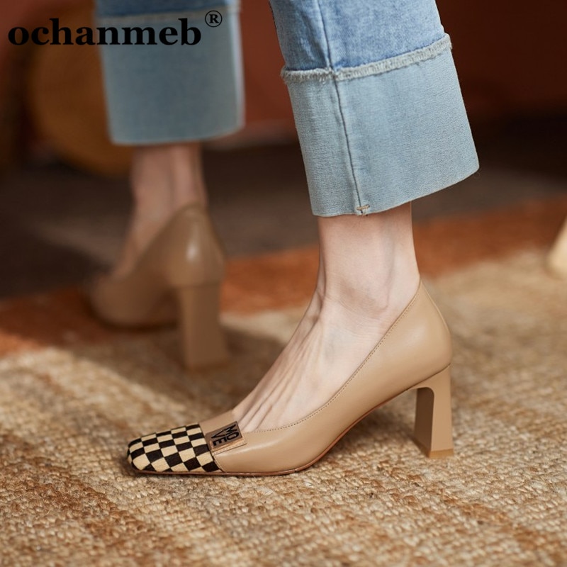 Ochanmeb 2021 fashion trendy brand checkered shoes women natural genuine leather high heels pumps nude office work shoes ladies