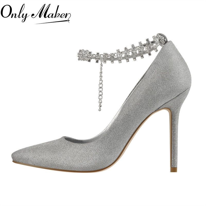 Onlymaker Women Silver Ankle Buckle Strap High Heels Pointed Toe Crystal Chain Thin Heels Pumps Elegant Party Dress Shoes