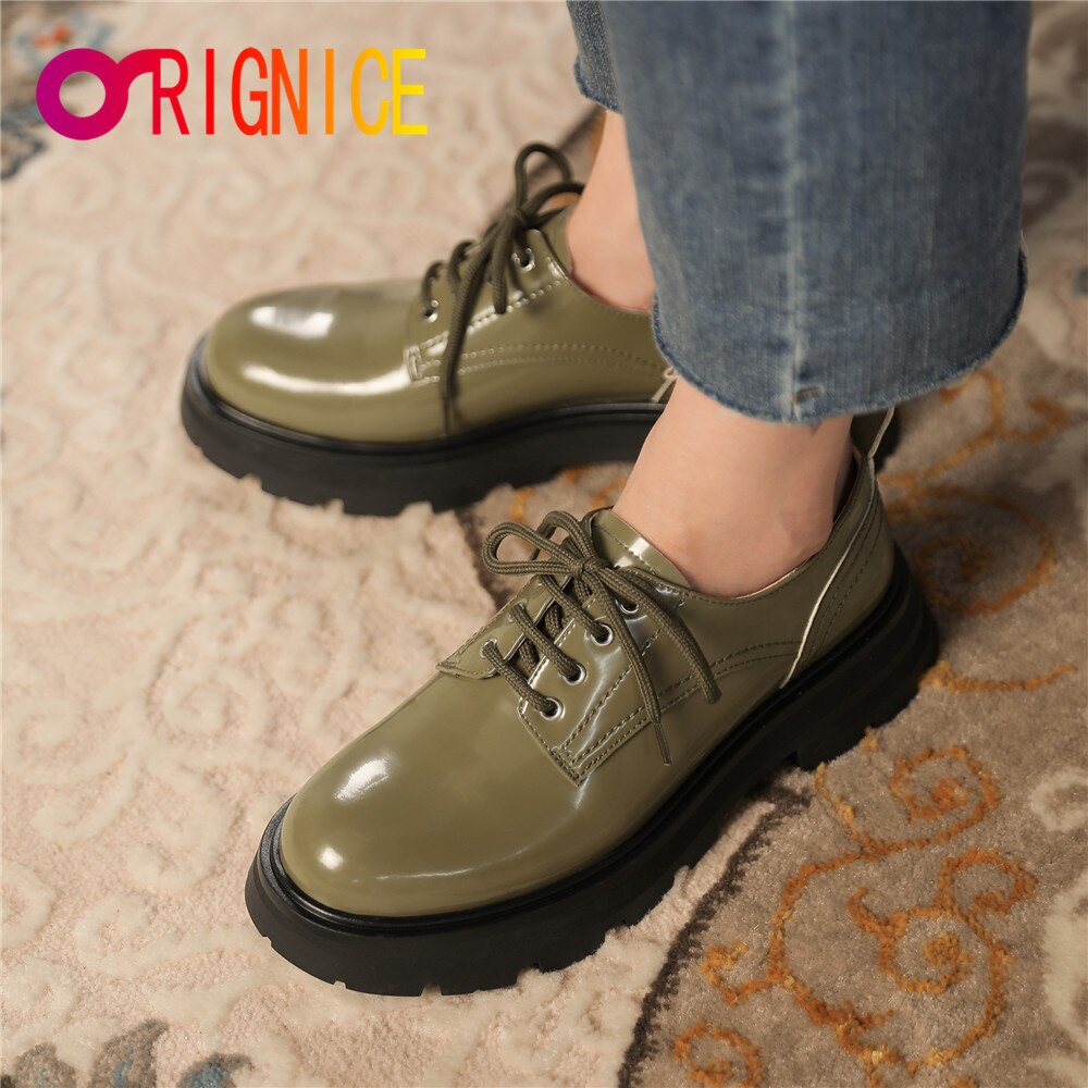Orignice New Autumn Women Solid Black Olive Green Genuine Leather Cross Tied Sqaure Heels Thick Bottom Lace Up Casual Wild Shoes