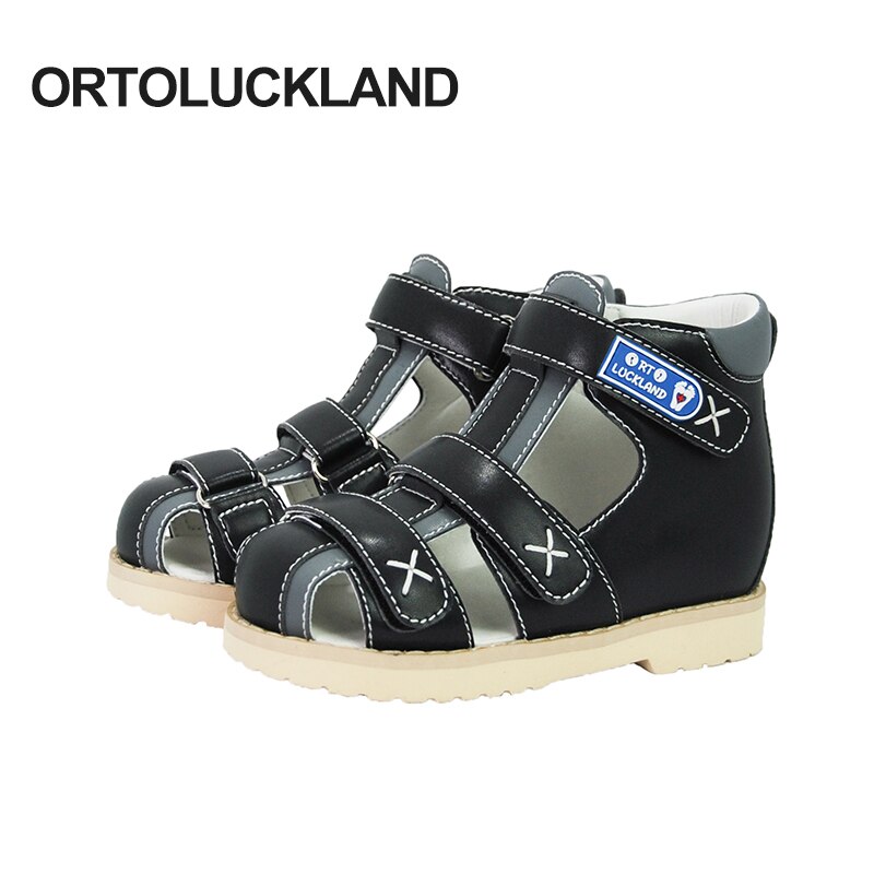 Ortoluckland Children Boys Black Sandals Closed Toe Flatfeet Adjustable Orthopedic Walking Shoes For Kids Adorable Little Baby