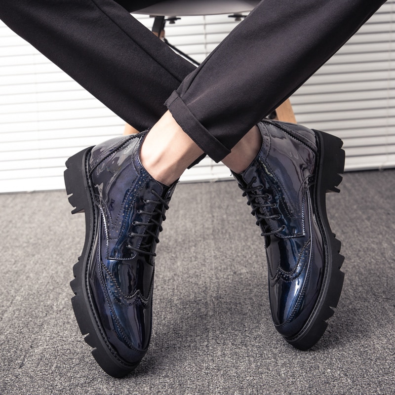Oxford Shoes for Men Blue Male Formal Dress Boots Evening Sneakers High Ankle Causal Fashion Junior Luxury Stylish Brogue Boots