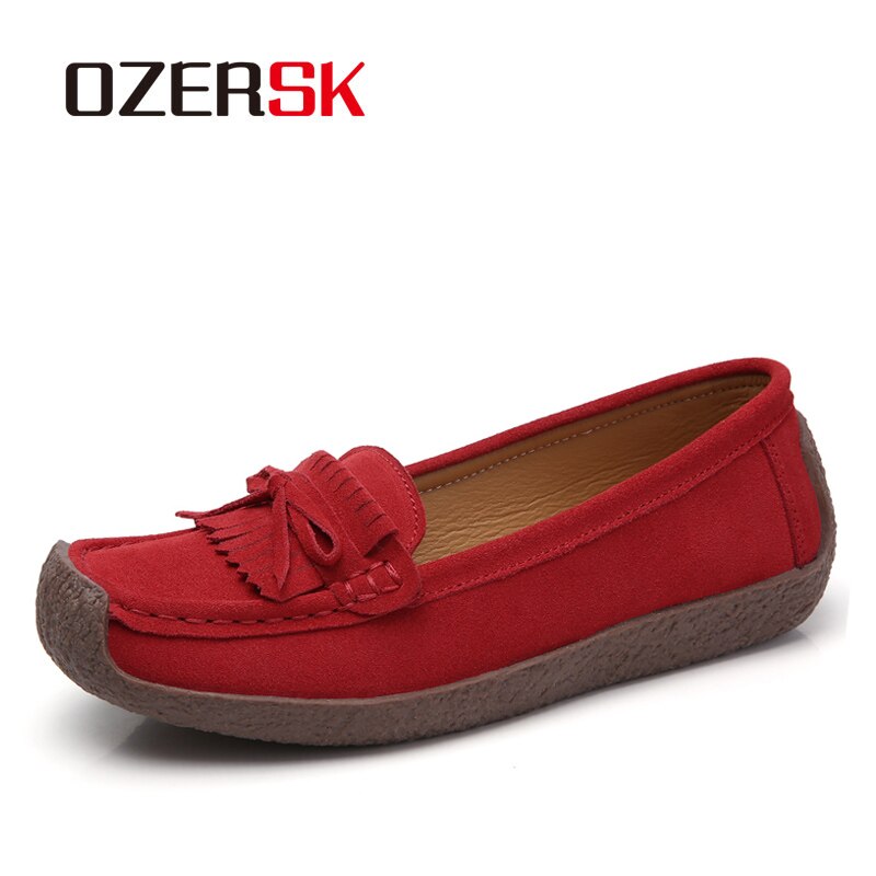 OZERSK 2021 Woman Loafers Leather Flat Shoes Ballet Flats Slip On Female Moccasins Casual Dress Peas Extra Wide Shoes Size 35~43
