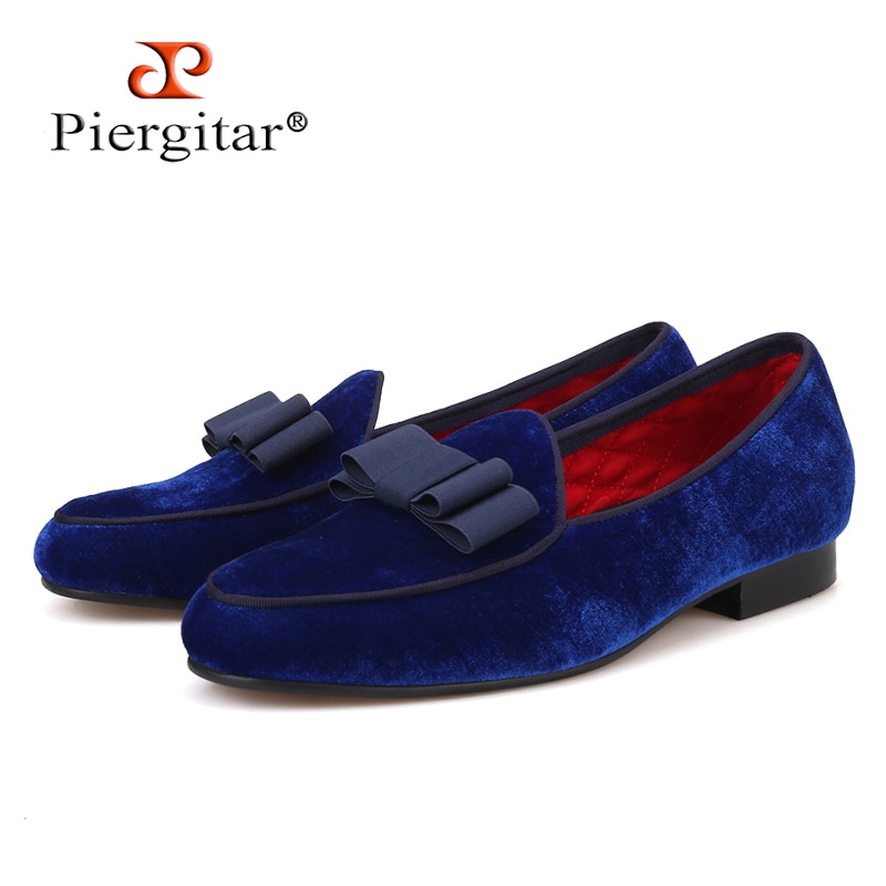 Piergitar Royal blue velvet Handmade men shoes with navy Bowtie Fashion Prom and Wedding men dress loafers Plus size male's flat