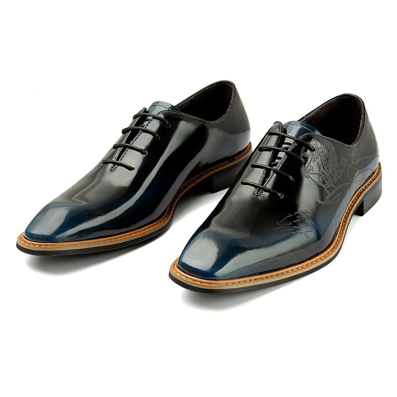 PJCMG New Black/Blue Oxfords Formal Mens Dress Lace-Up Carved Style Pointed Toe Genuine Leather Business Man Wedding Shoes