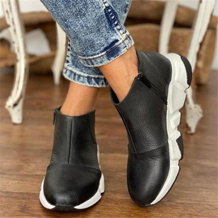 Plus Size 2022 Women Leather Boots Round Toe Side Zipper White Bottom Ladies Platform Shoes Daily Walking Female Ankle Booties
