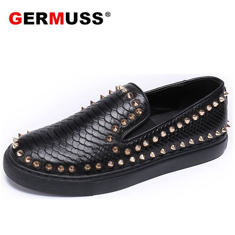 Plus Size 38-46 Snake Leather loafer mocassin shoes men velvet Slip On Luxury Handmade spiked Loafers men black Flat shoes