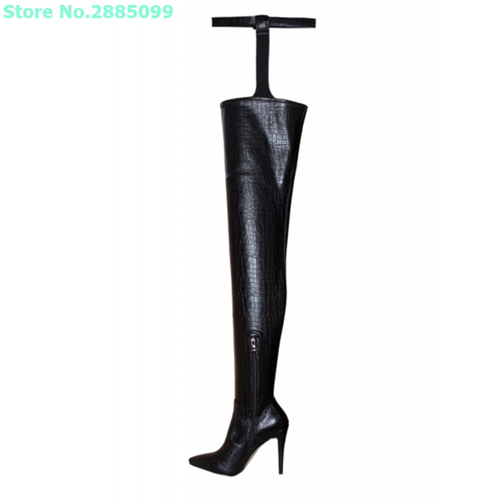 Pointed Toe Buckle Thigh High Boots Black Textured Vegan Leather Thin High Heels Solid Side Zipper Sexy Women Party Dress Shoes