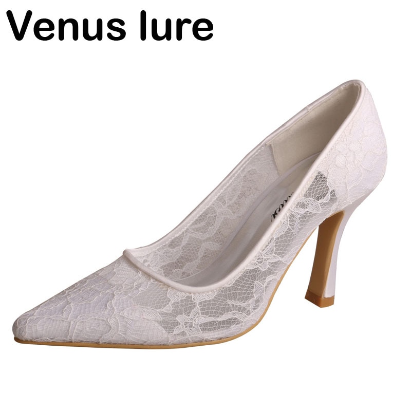 Pointed Toe White Lace Heels for Women Dressy Shoes for Wedding