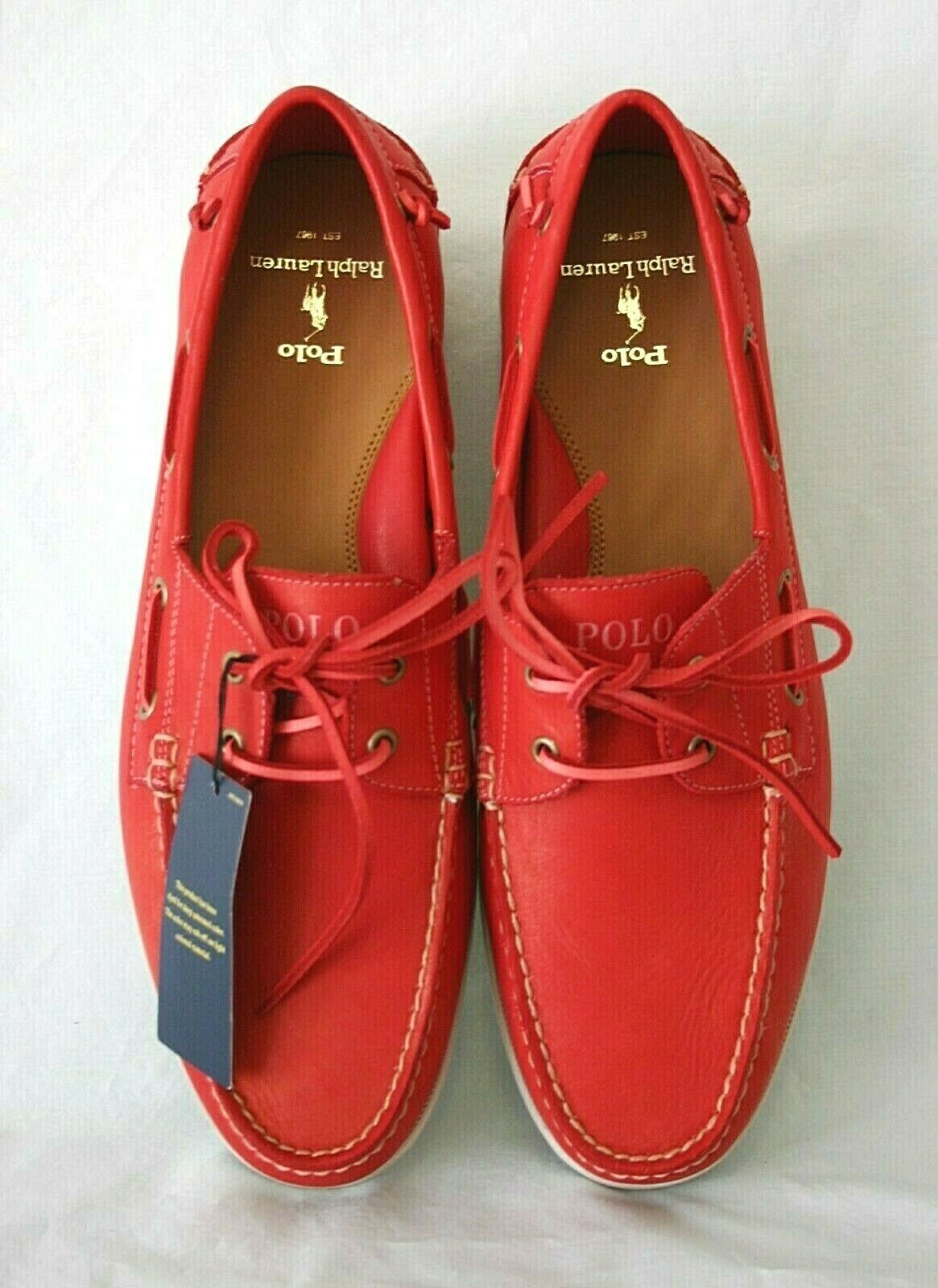 Polo Ralph Lauren Men's Merton Boat Shoe Moc Red Leather + Rubber Sole NWTs 14M