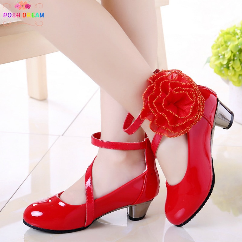 POSH DREAM Big Rose Flower Children Girls Shoes High Heel New Girl Single Shoes PU Leather Princess Red Pink School Shoes
