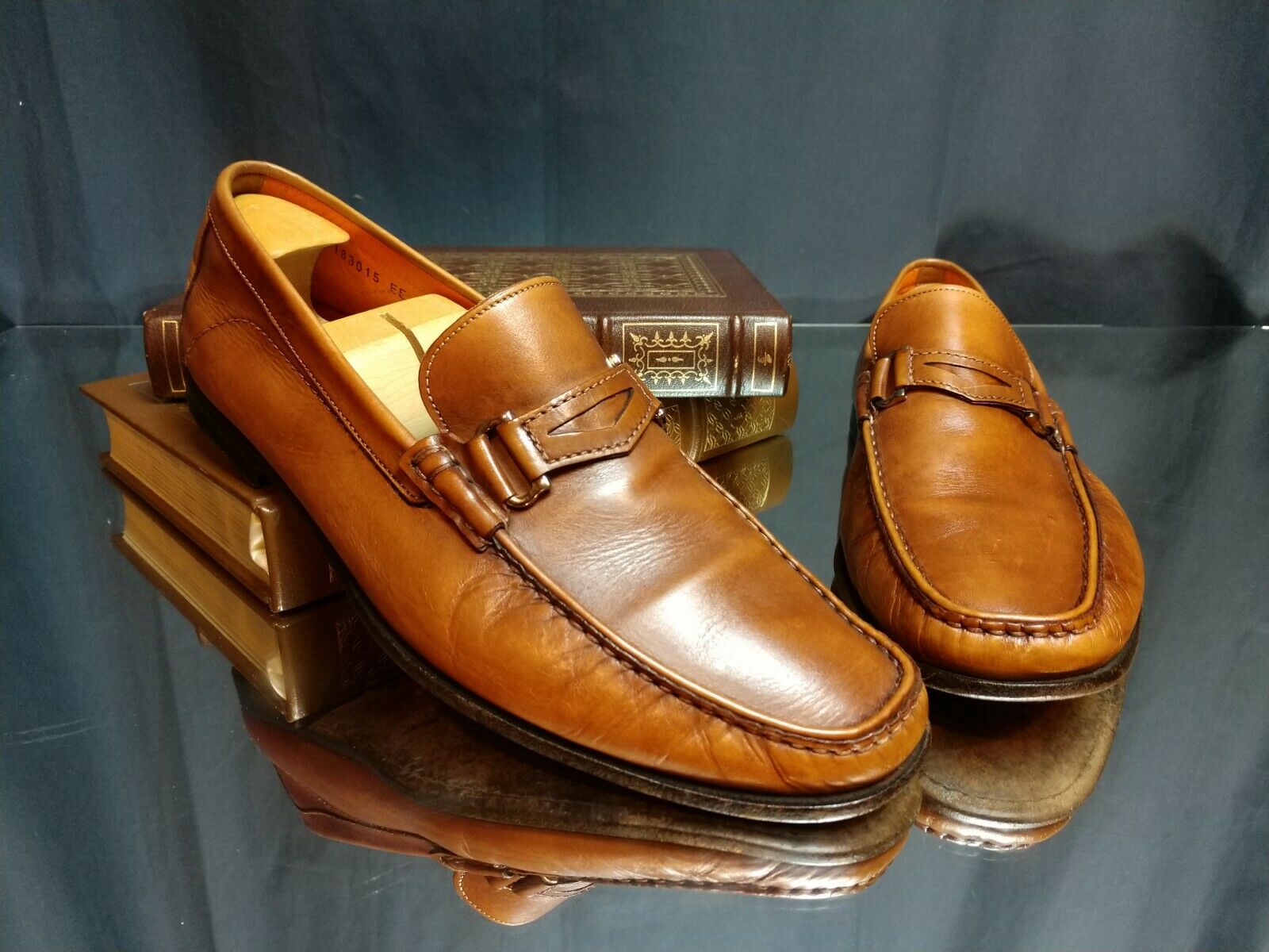 PROFESSIONALLY CLEANED! Santoni Cognac Brown Horse Bit Leather Loafer 2x WIDE EE