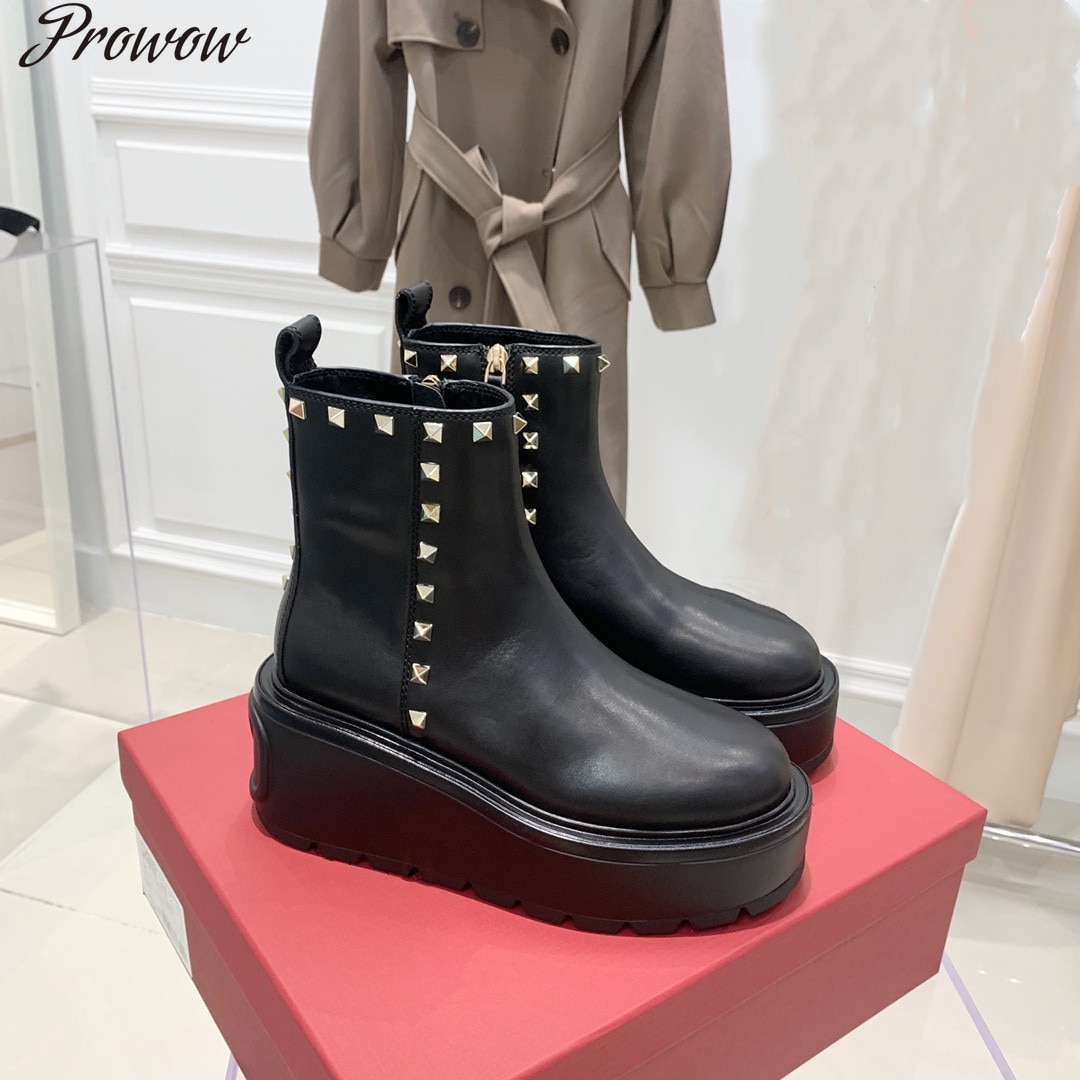 Prowow Punk Ankle Boots Rivets Platform Motorcycle Martin Boots Autumn Women Thick Heel Designer Shoes Size 35-41
