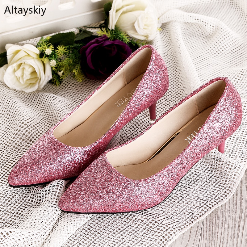 Pumps Women Elegant Simple Bling Sweet Pointed Toe Womens Trendy Thin Heels High Quality Non-slip All-match Shoes Wedding 2020