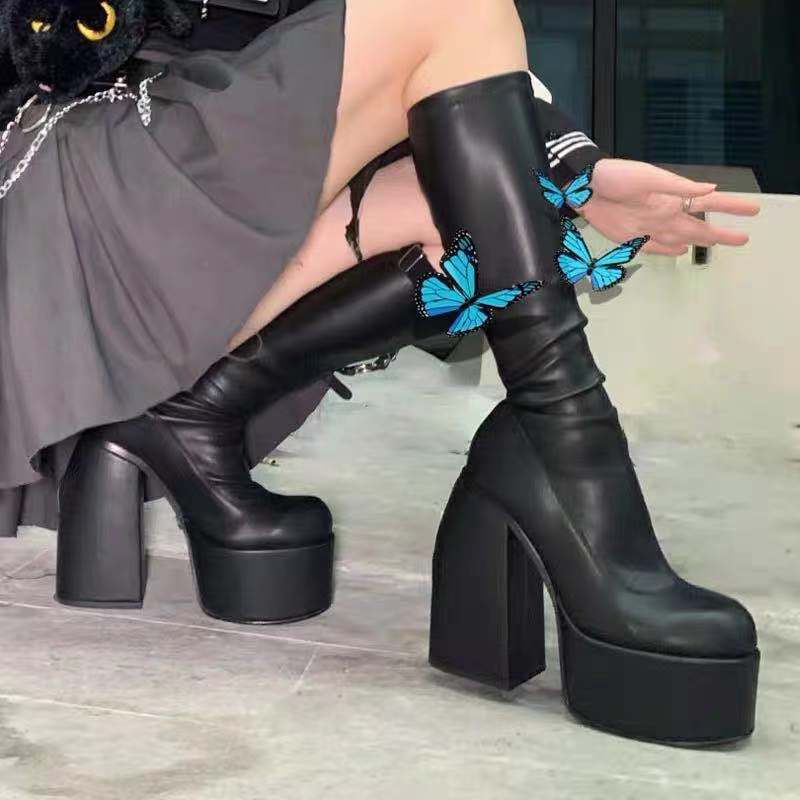 Punk Style Boots Autumn Winter High Heels Elastic Microfiber Knee-High Shoes Women Black Leather Boot Waterproof Platform Shoes