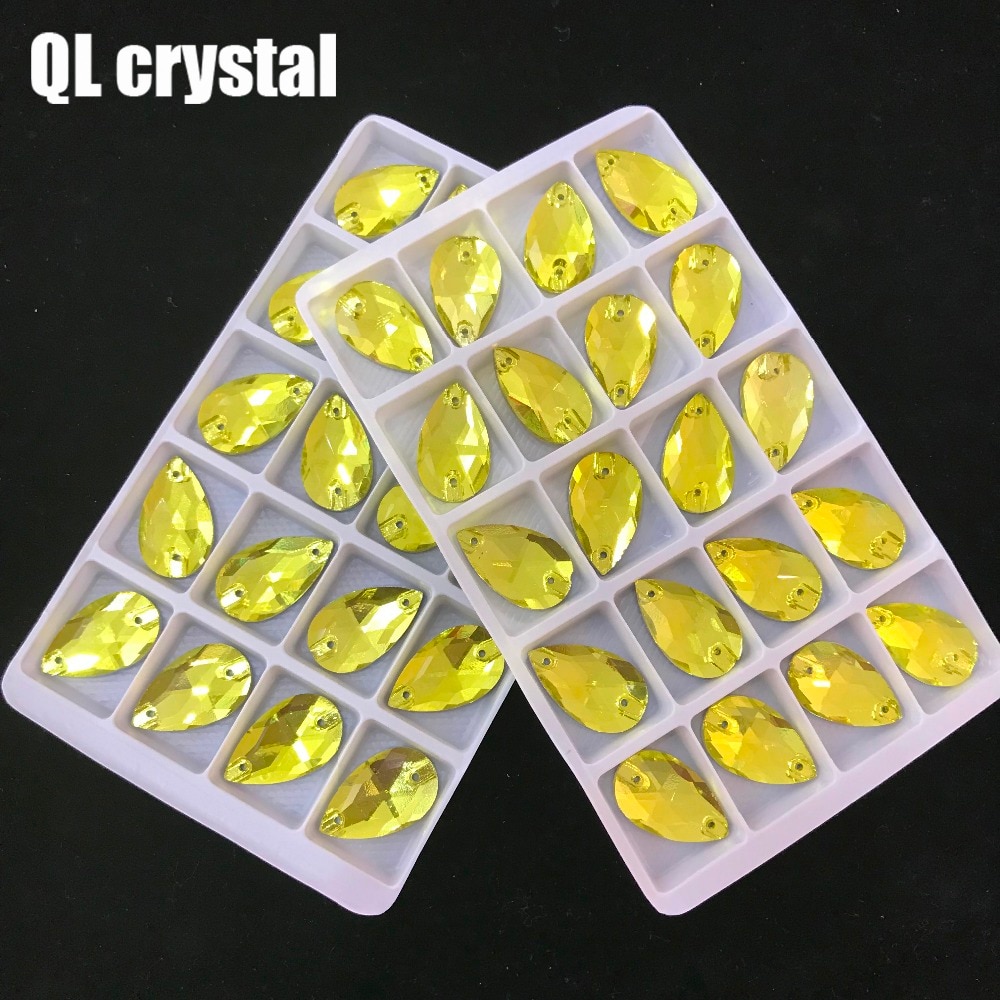 QL Crystal 2018 popular 13x22mm Lemon yellow Drops Sew On Crystal Stones Sewing On Rhinestone 2 Holes DIY Garment Dress Making