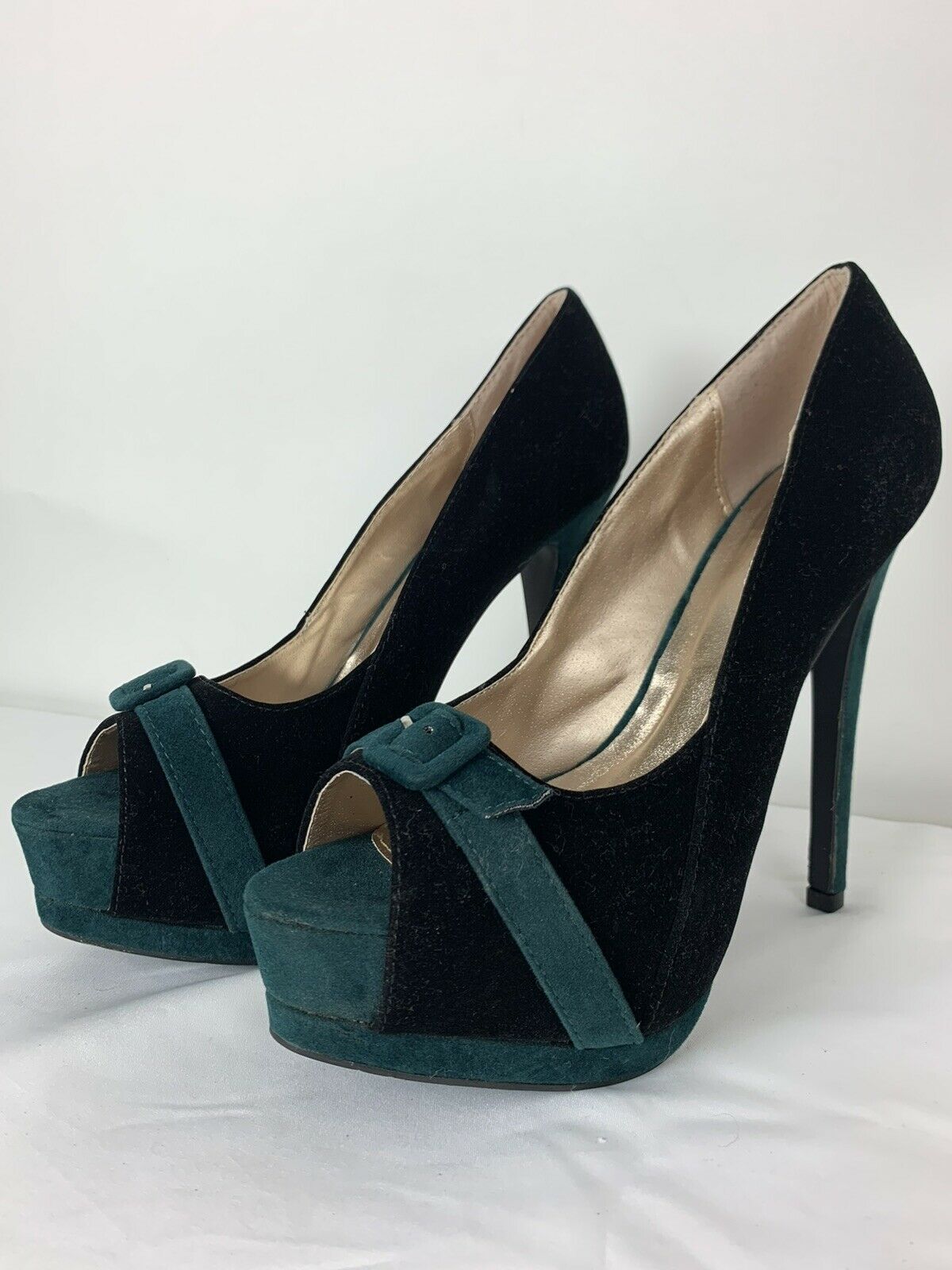 Qupid Platform Pumps Green Black Faux Suede Stiletto High Heels Shoes Size 8