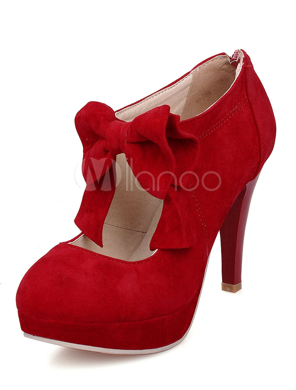 Red High Heels Suede Platform Round Toe Mary Jane Bow-Adorned Shoes New Size 7