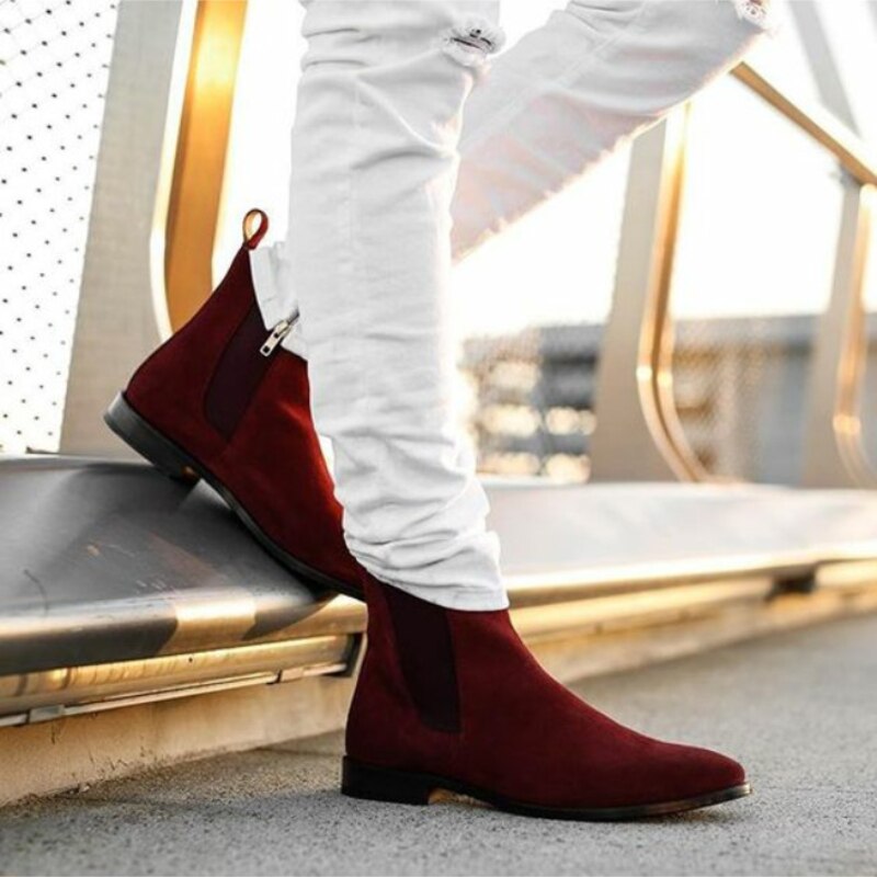 Red Men Fashion Pointed Low Heel Cuff Suede Spring and Autumn Classic Comfortable Leisure Business Formal Shoes HM190
