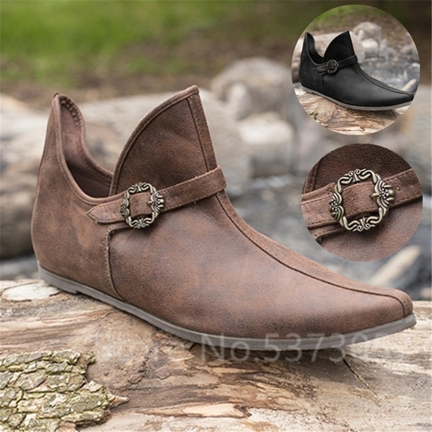 Renaissance Medieval Men's Fashion Viking Shoes Vintage Brown Buckle Leather Boots Short Flat Shoe Men Cosplay Pirate Costume