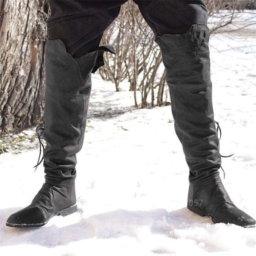 Retro Men's Pirate Boots Medieval Costume High Boots Viking Cosplay Tall Knee High Lace Up Vintage Viking Shoes Middle Ages