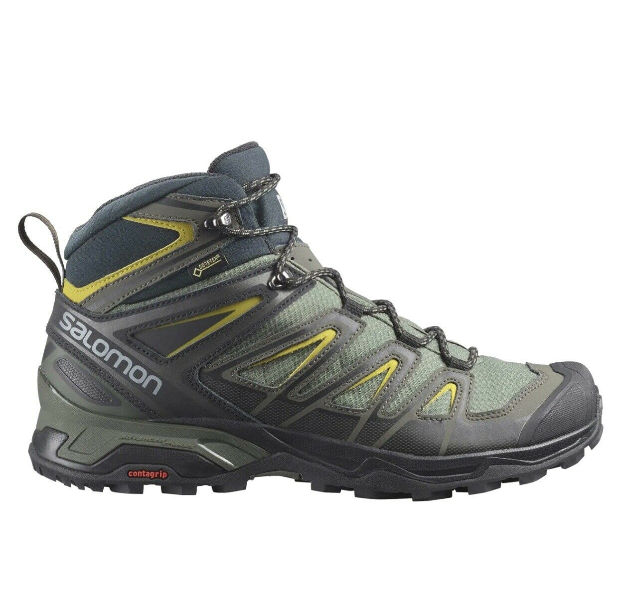 Salomon X Ultra 3 Mid GTX Hiking Boots Gray/Black/Green Sulphur Mens Size 12 New