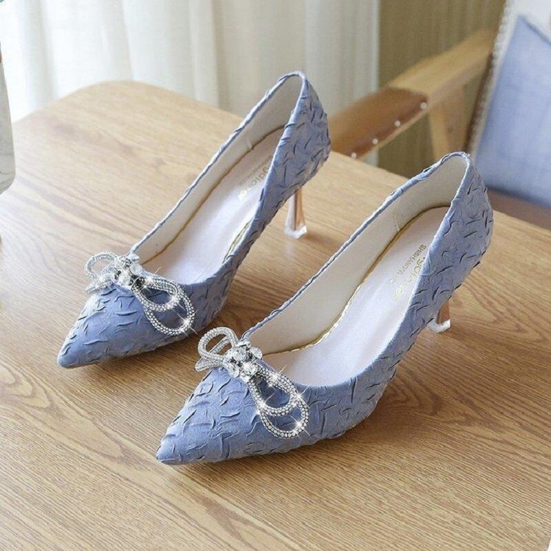 Sapatos Femininas Women Classic Navy Blue Pointed Toe Slip on Spring High Heel Shoes for Night Club Femmes Hauts Talons B7037