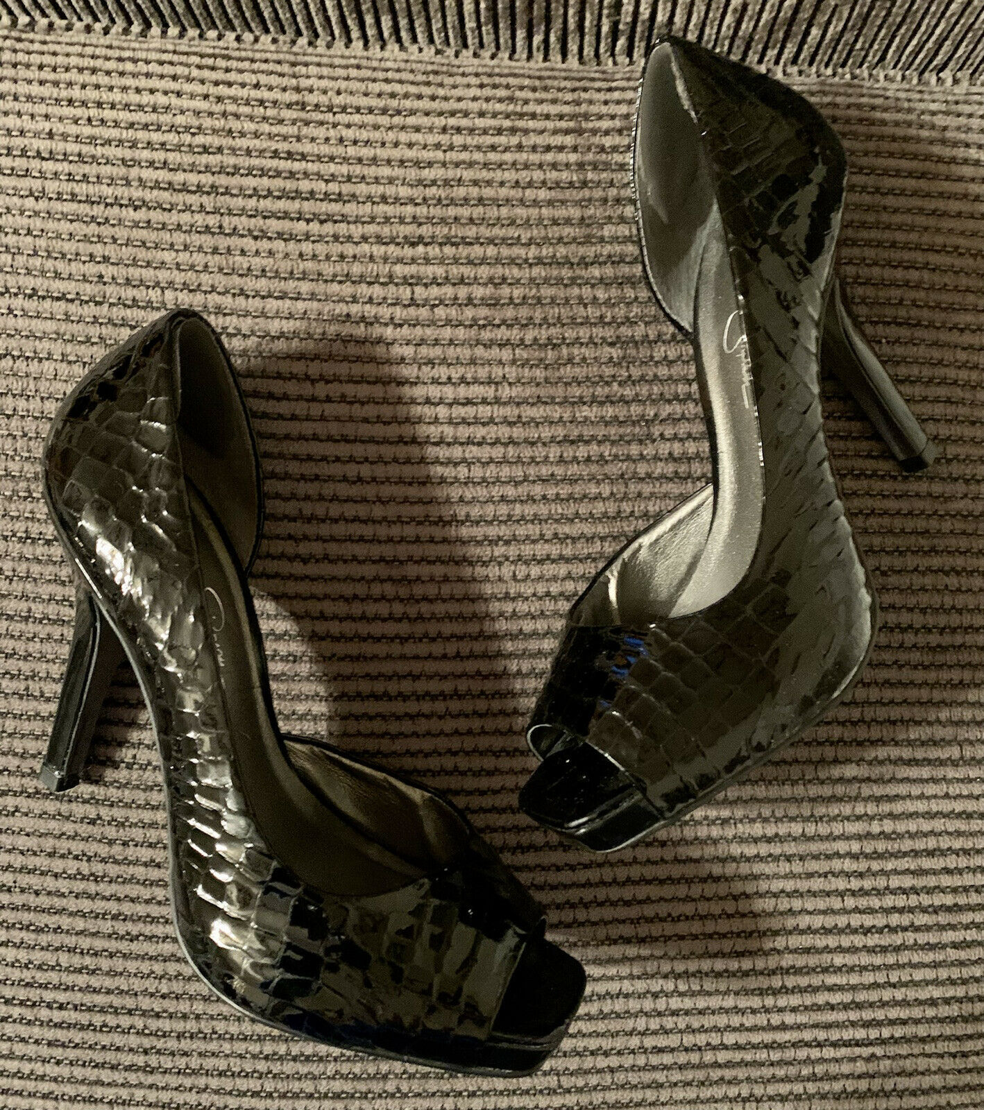 SEXY JESSICA SIMPSON Black Leather Women's Size 8.5 D Peep Toe High Heel Shoes