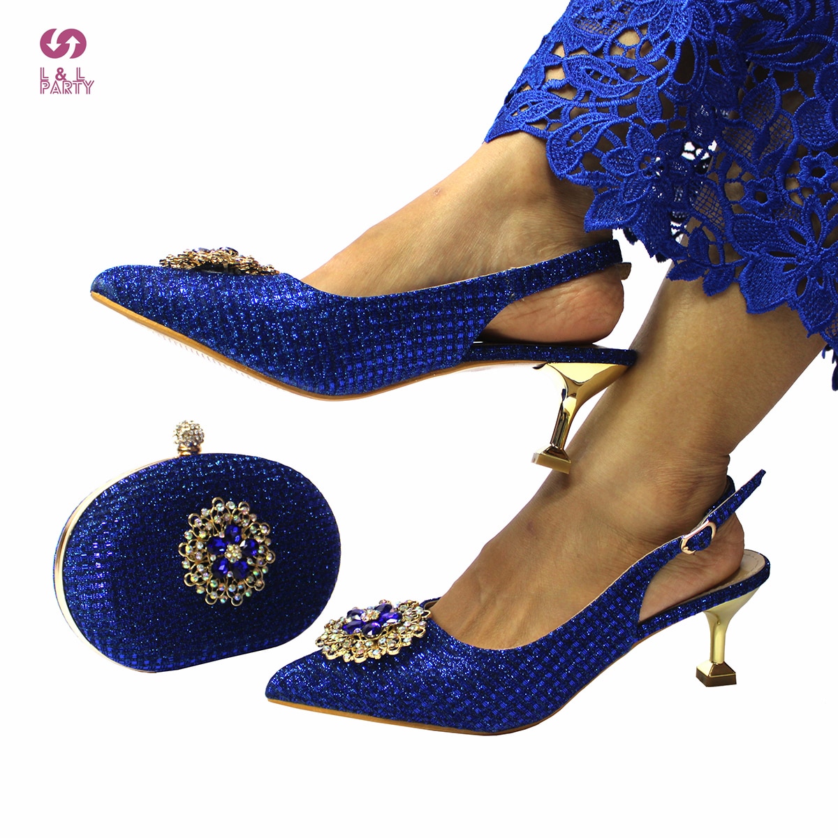 Sexy Ladies New Design Shoes and Bag Set in Royal Blue Color Pointed Toe Pumps with Shinning Crystal for Party