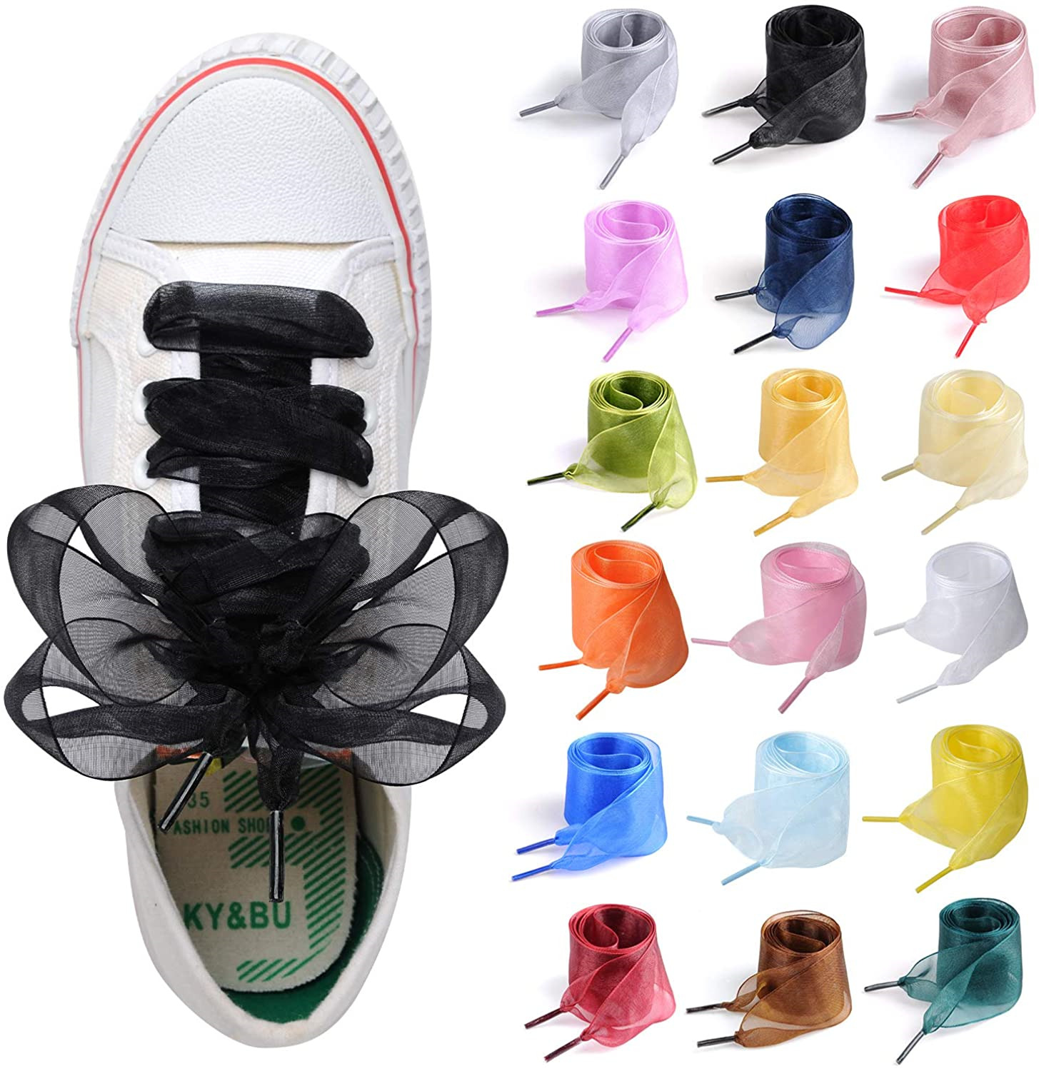 Shoe Laces for Sneakers, 18 Pairs Flat Satin Ribbon Shoelaces for Women Girls 18