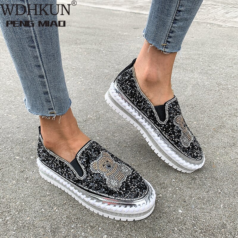 Shoes Casual Female Sneakers Crystal Round Toe Loafers With Fur Clogs Platform Autumn Slip-on Dress Flats Women