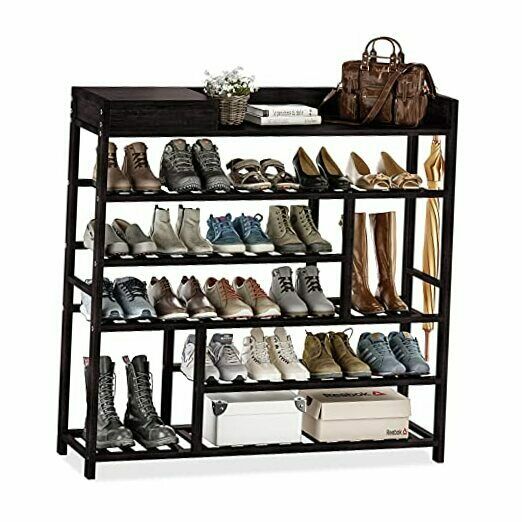 Shoes Rack Shelf Organizer Entryway 5 Tier Bamboo for 24 Pair Boots Black-2