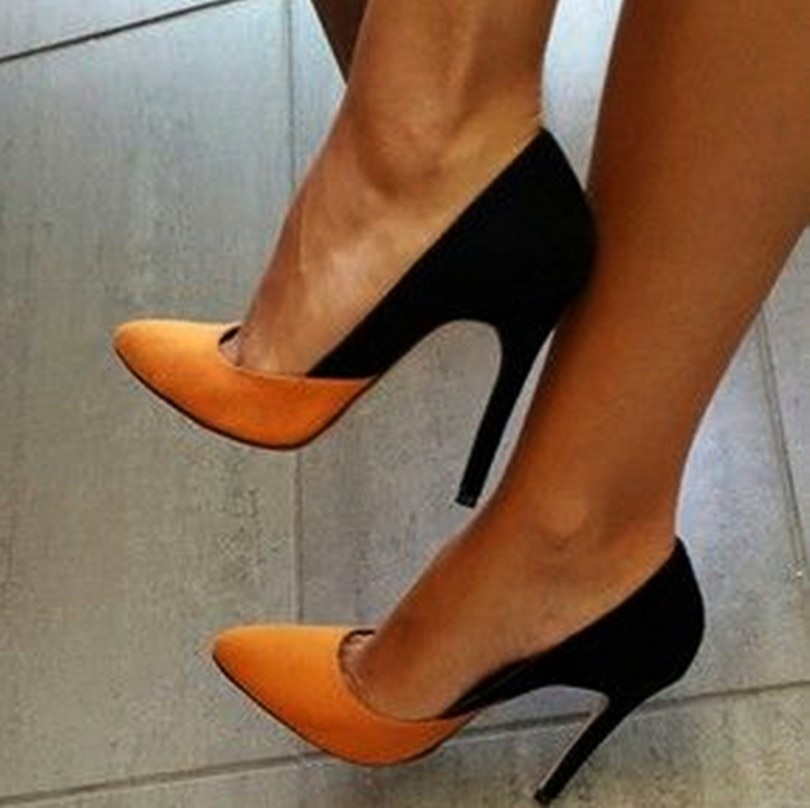 SHOFOO shoes, elegant beautiful women's shoes, orange black cashmere leather stitching, about 11 cm high heel shoes. SIZE:34-45