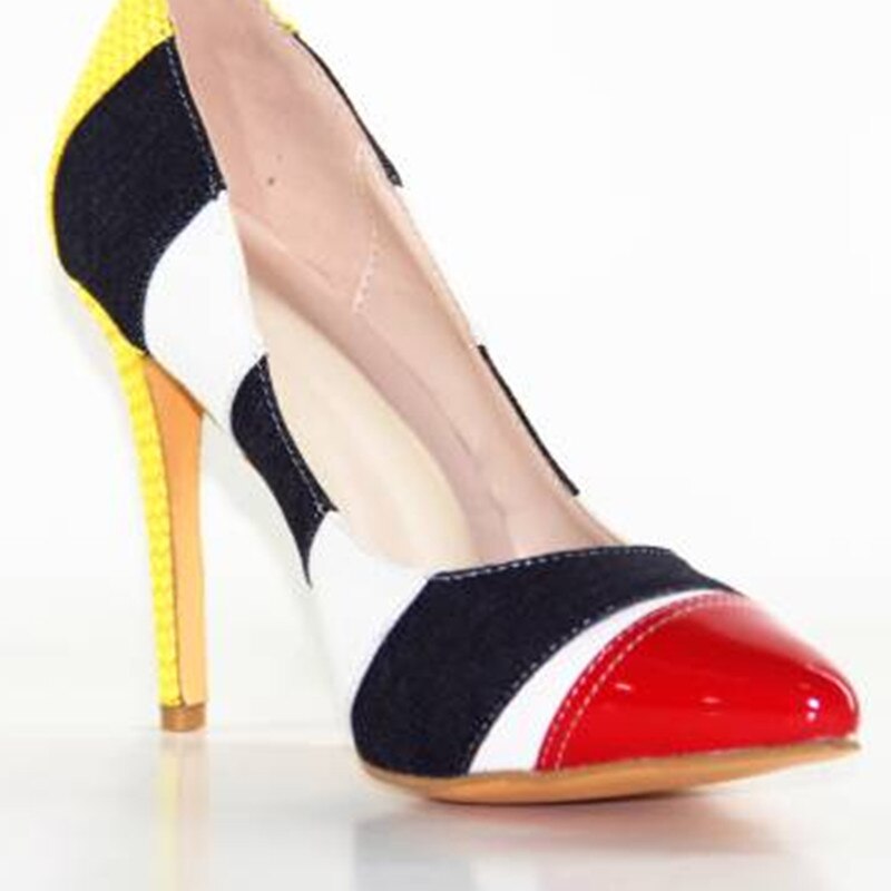 SHOFOO shoes.Fashion Sexy women's shoes, multi color leather stitching, 11 cm high-heeled shoes, pointed toe pumps.SIZE:34-45