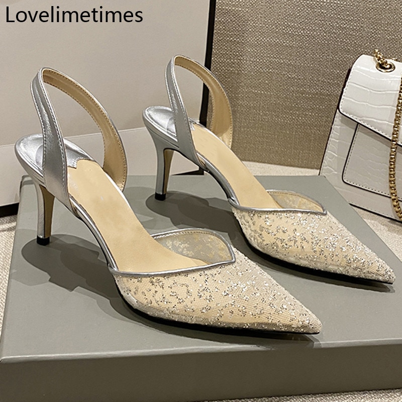 Silver High Heels Sandals Summer Shoes Woman 2022 Fashion Mesh Sequins Summer Hollow Bridal Sandals Party Pointed Women Shoes