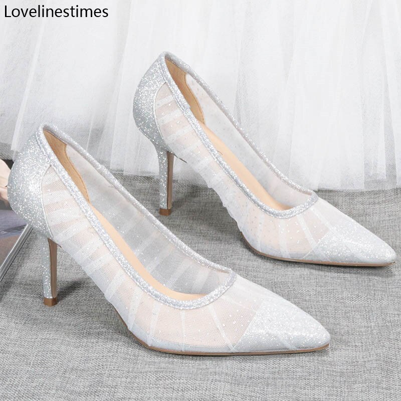 Silver Sequins High Heels Shoes Woman Basic Pumps 2021 Yarn Gauze Lace Pleated Pointed Toe Shoe Sexy Fashion Party Women Shoes
