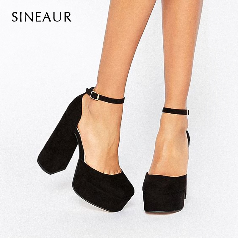 SINEAUR Shoes for women 2022 Super High-heel 15CM Punch chunky platform high block heels in black velvet Suede Party Dress