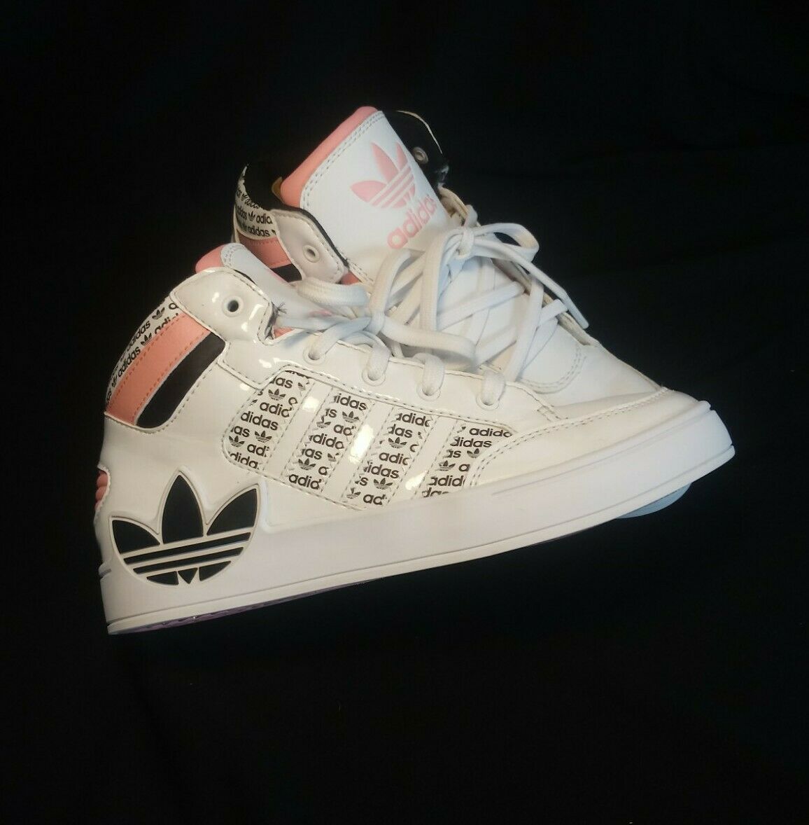 Size 2 - Women's or Kid's Adidas High Top Pink and White Tennis Shoes Black Logo