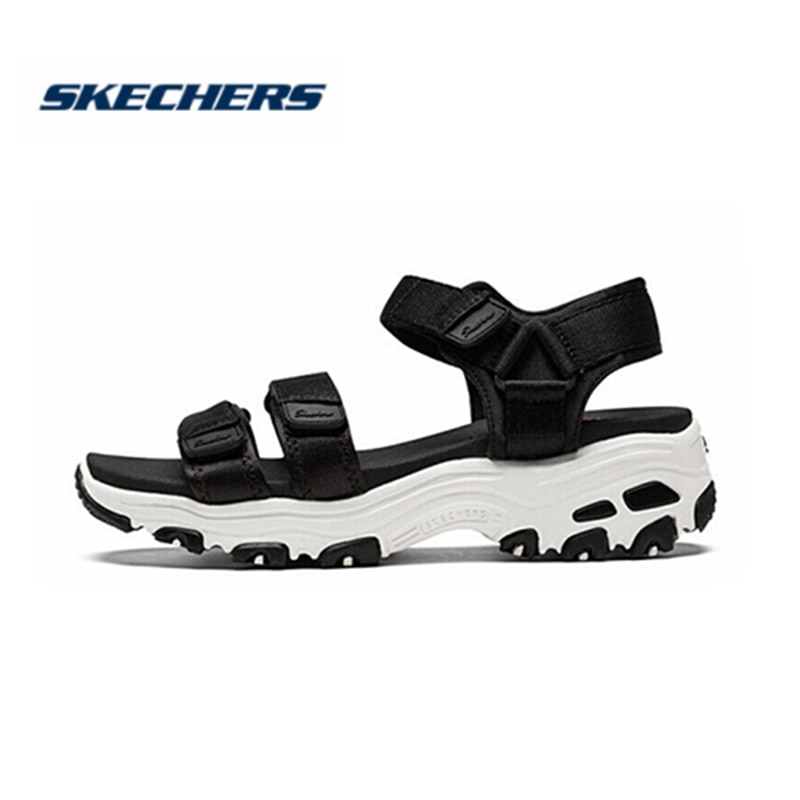 Skechers D'lites Sandals Women Platform Sandals Ladies Med Heel Wedges Walk Shoes Summer Beach Shoes Fashion 31514-BLK