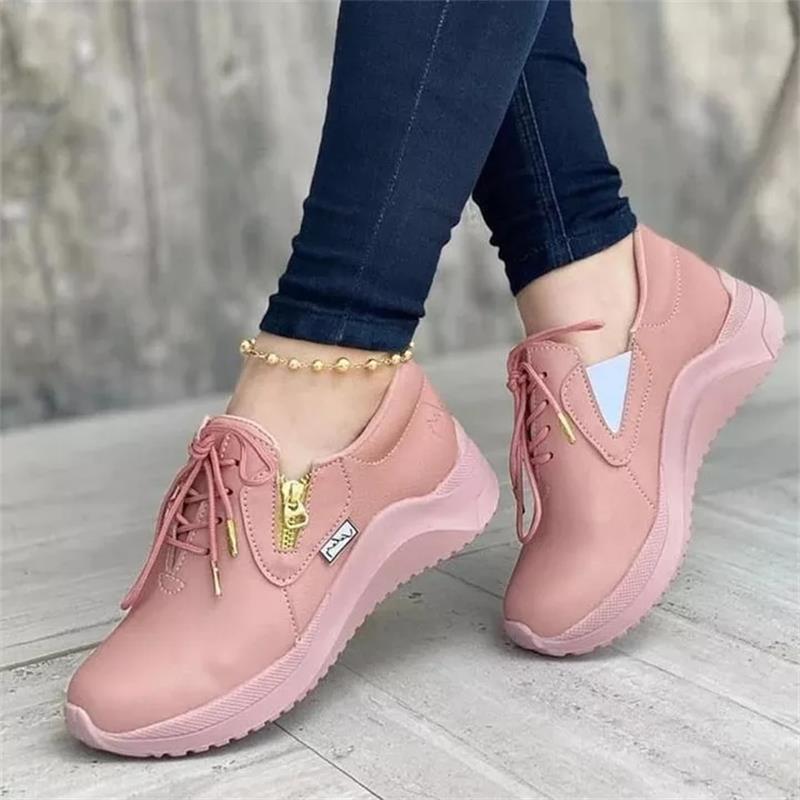 Sneaker Women Sport Shoes Casual Solid Color Platform Shoes Side Zipper Lace Up Ladies Footwear Round Toe Comfort Mujer Zapato