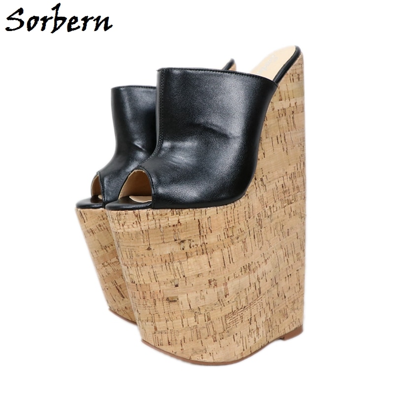 Sorbern Black Matte Women Wedges Sandal Ultra High Heels Platform 12 Inch Slip On Shoes For Women Heels For Summer Custom