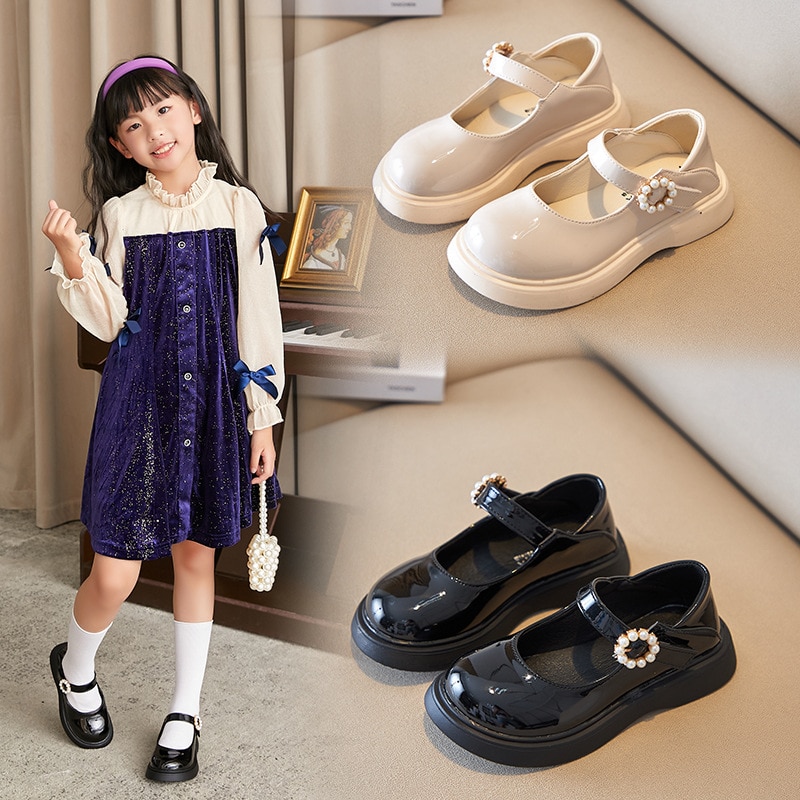 Spring Autumn Girl Sweet Princess Shoes Kids Black Leather Shoes For School Fashion Student Performance Dress Shoes Beige White