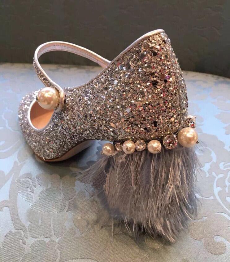 Spring bling bling sequins diamond pearl Feathers leather wedding shoes women silver pumps thick high heels Women party shoe
