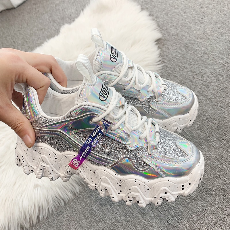 Spring Women's Chunky Sneakers Fashion Women Platform Shoes Bling Sequined Lace-Up Vulcanize Shoes Female Trainers Dad Shoes