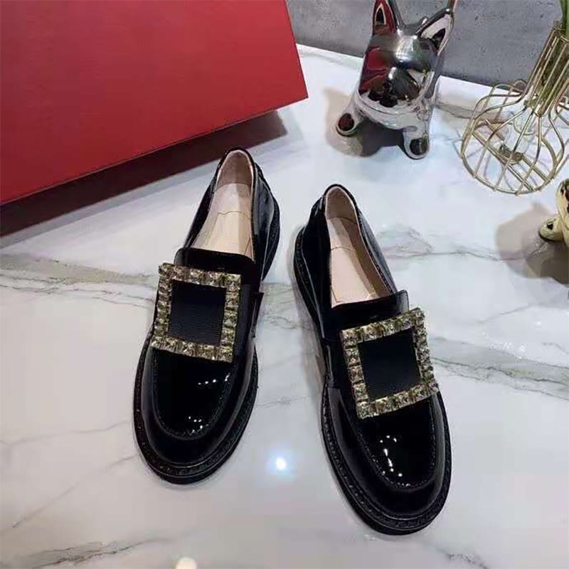Square Buckle Rhinestone Single Shoes Women's Autumn/winter 2021 Small Leather Shoes British Style Thick-soled Loafers One Pedal