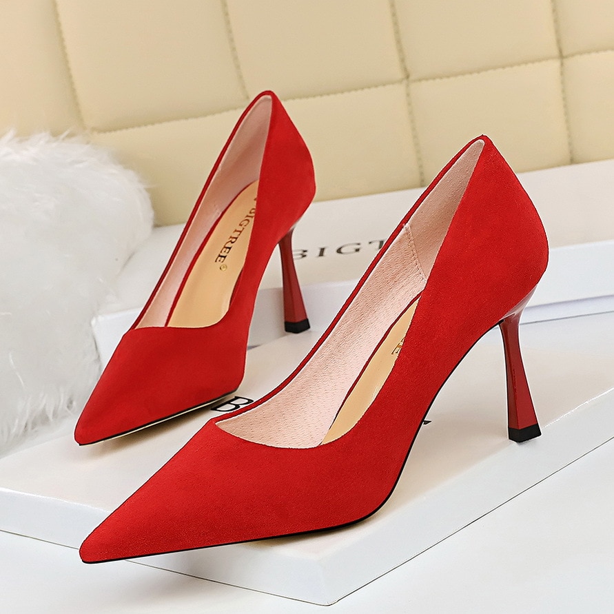 Suede 8CM High Heels Pumps Ladies Shoes Women Stiletto Red Wedding Shoes Basic Sapatos Femininos De Salto