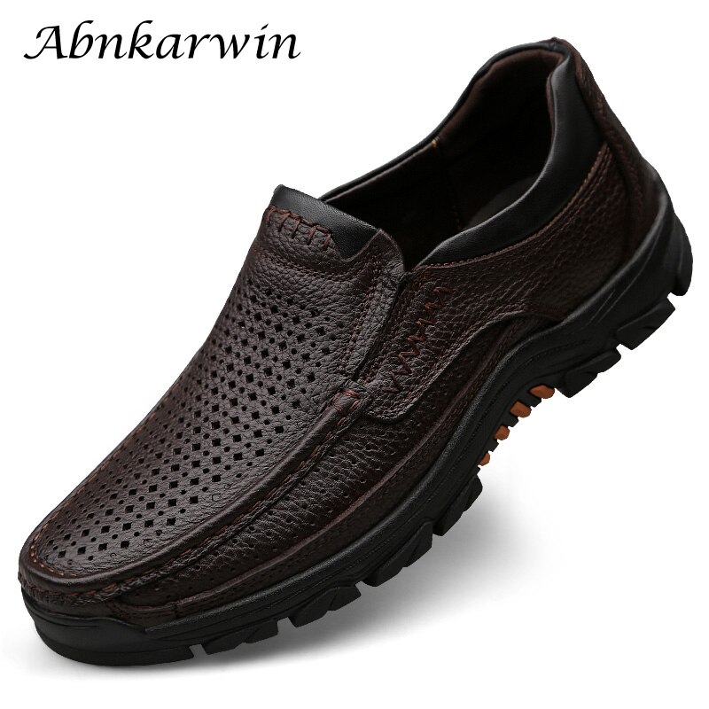 Summer Autumn Casual Men Leather Shoes Slip-On Black Brown Breathable Hard-Wearing 2021 Hot Sale