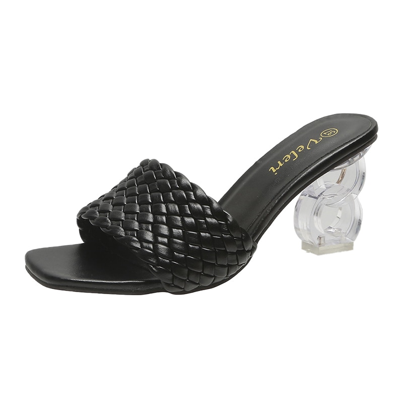 Summer Weave Crystal Heel Women's Slippers Open Toe Slides Casual Ladies Shoes Slip On Beach Sexy Pumps Muller Size 35-43
