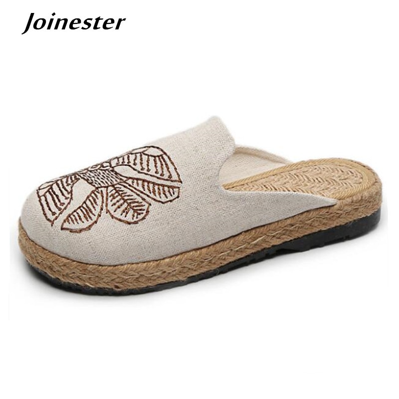 Summer Women Flat Slippers Bohemia Wide Width Hemp Slides Ladies Embroidered Casual Comfort Shoes Woman Vintage Beach Sandals